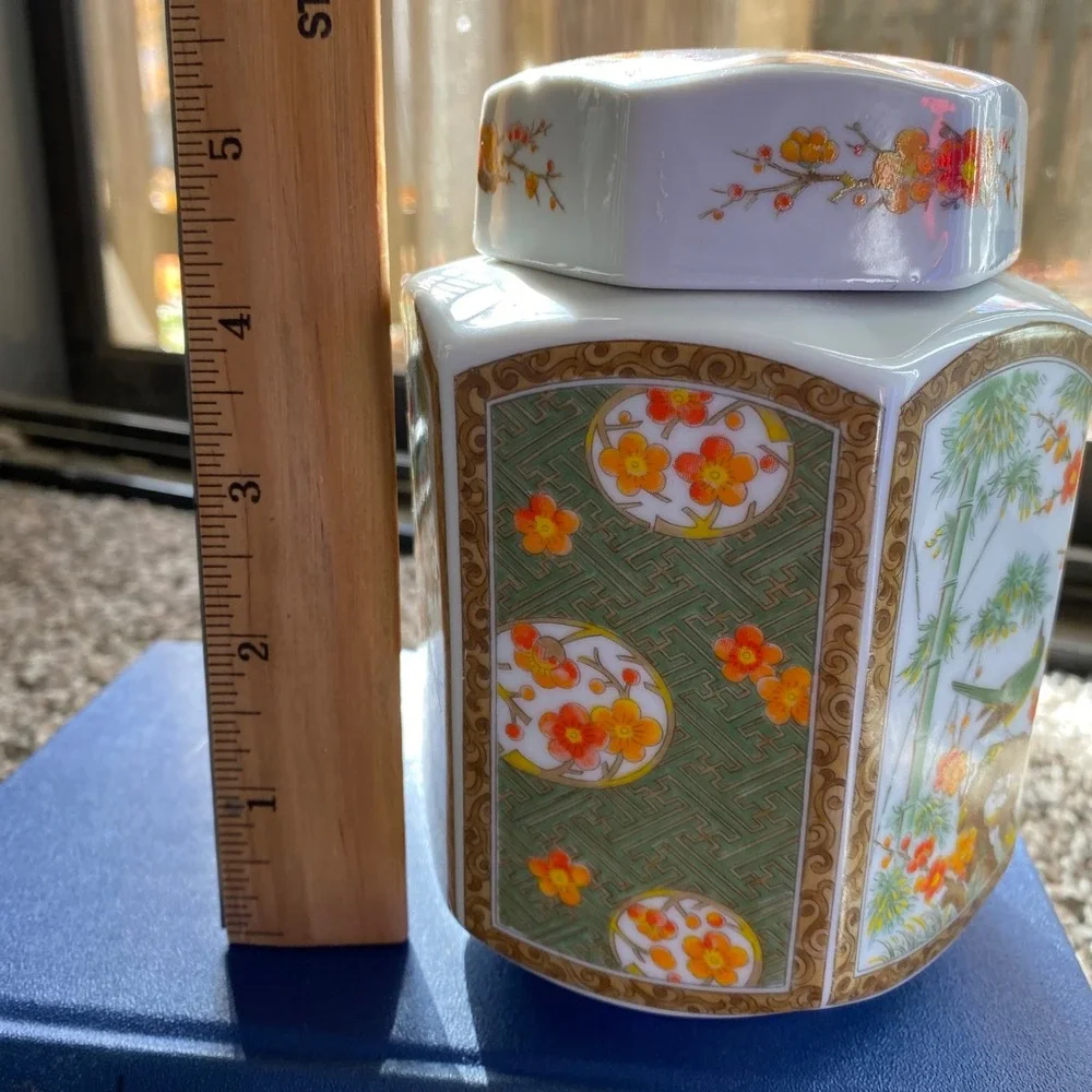 Vintage Hexagonal Porcelain Jar with Lid Oriental Bird Blossom Design- Japan‎